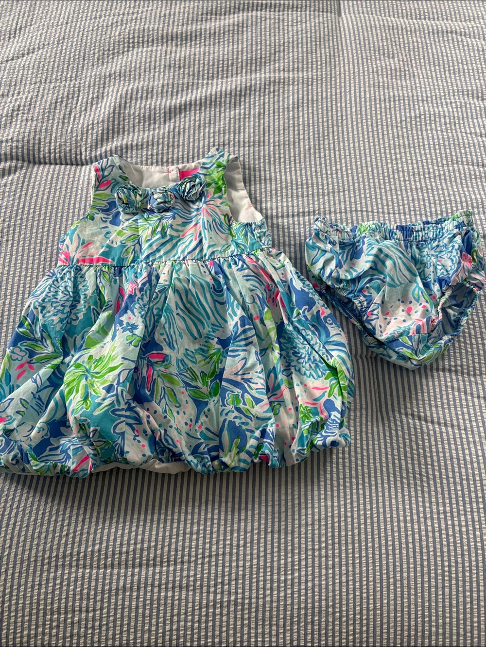 Lilly Pulitzer Blue, Green & Pink Floral Bubble Dress with Diaper Cover
